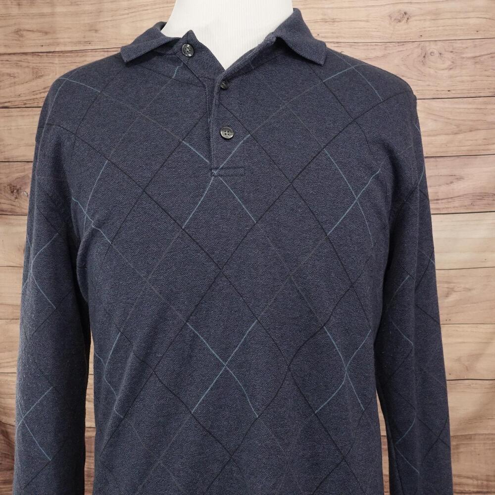 Van Heusen Polo Shirt Mens LT Large Tall Blue Polyester Argyle Knit Long Sleeve
